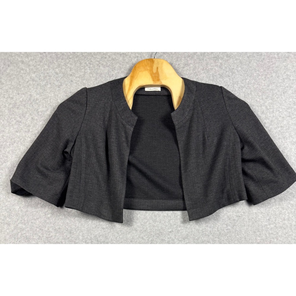 Calvin Klein Cropped Bolero Jacket Womens 12 Grey Excellent Herringbone Shrug